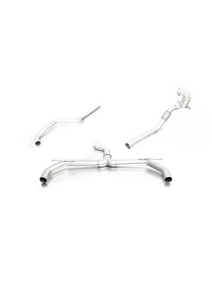 Turbo-back-system dual L/R, non resonated dual L/R RACING system with Connection tube, RACING downpipe with sport catalytic convertor (200 CPSI), non-resonated RACING cat-back section (selectable tail pipes), NO (EC-) APPROVAL